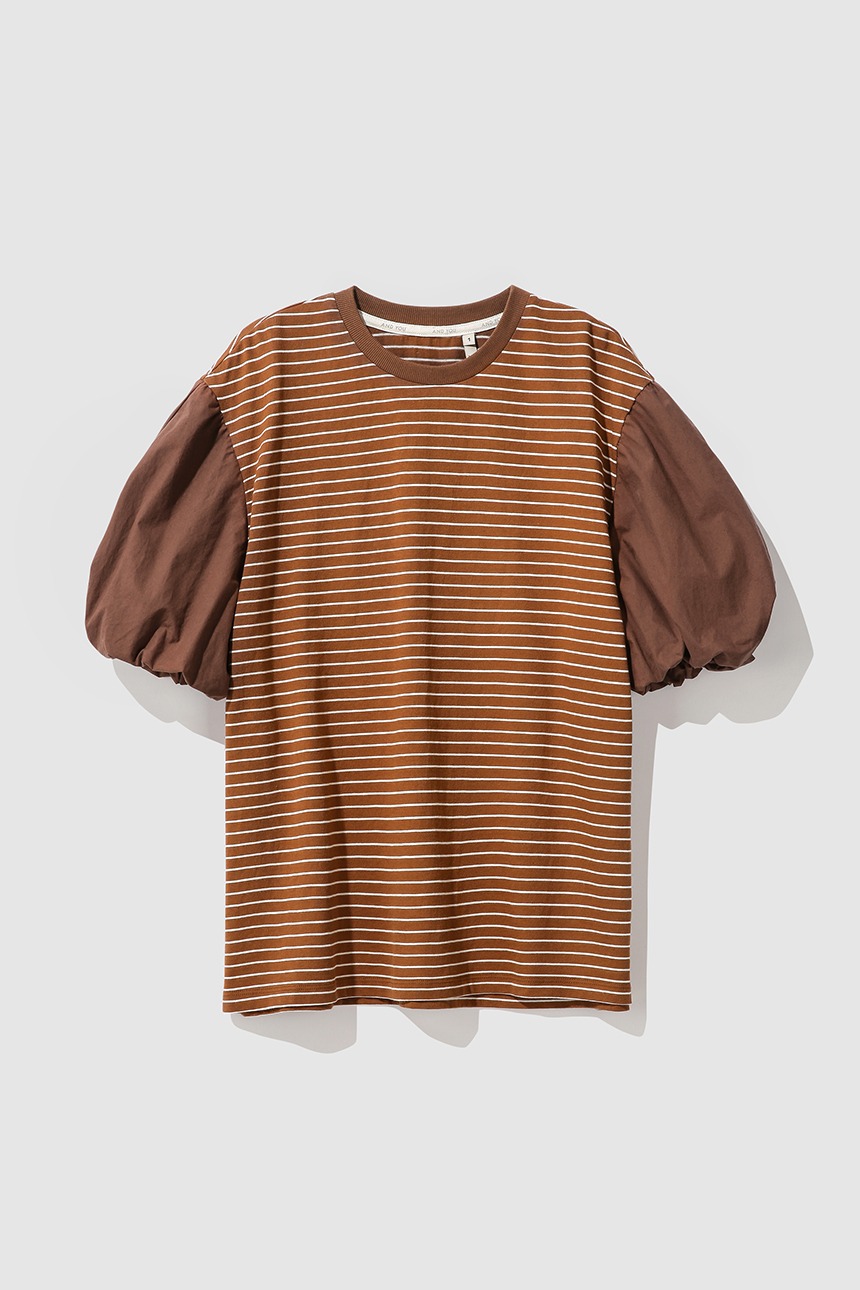 PUBBLICO Balloon sleeve stripe t-shirts (Brown&amp;Ivory)